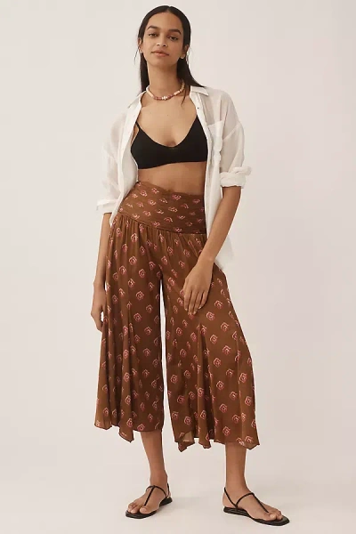 By Anthropologie Silky Block Print Wide-leg Pants In Beige