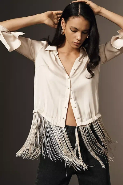 By Anthropologie Silky Fringed Buttondown Blouse In Animal Print