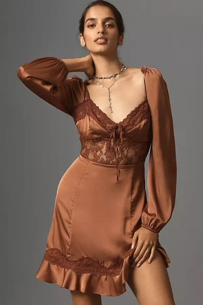By Anthropologie Silky Lace Mini Dress In Brown