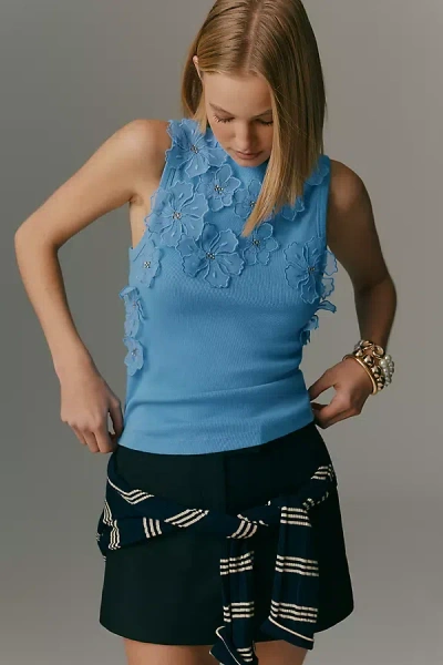 By Anthropologie Sleeveless 3d Floral Appliqué Top In Blue
