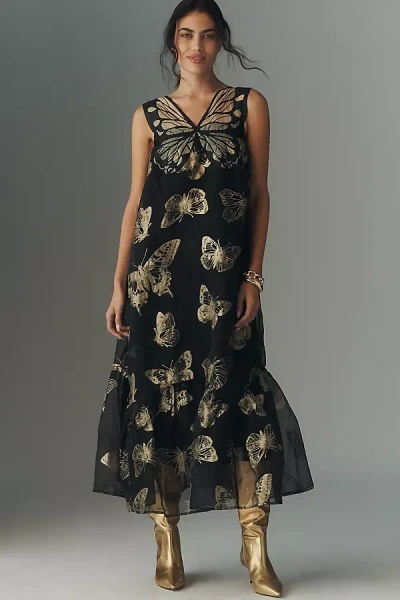 By Anthropologie Sleeveless Butterfly Midi Dress In Black