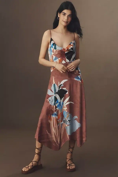 By Anthropologie Sleeveless Cowl-neck Slip Midi Dress In Brown