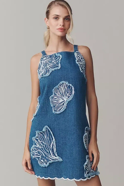 By Anthropologie Sleeveless Embroidered Denim Mini Dress In Blue