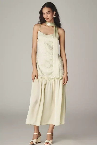 By Anthropologie Sleeveless Embroidered Drop-waist Midi Dress With Scarf In Green