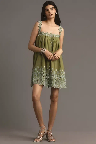 By Anthropologie Sleeveless Embroidered Swing Mini Dress In Green