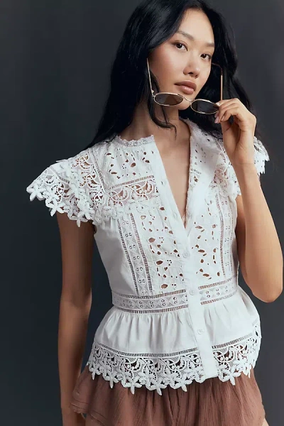 By Anthropologie Sleeveless High-neck Lace-inset Blouse In White