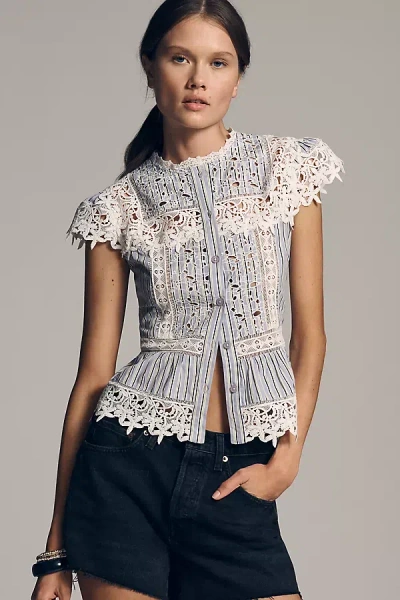 By Anthropologie Sleeveless High-neck Lace-inset Blouse In Blue