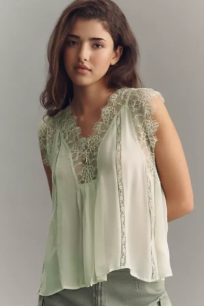 By Anthropologie Sleeveless Lace Inset Blouse In Green