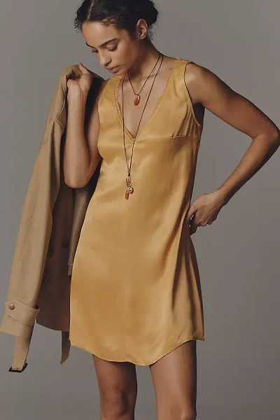 By Anthropologie Sleeveless Lace-trim Mini Slip Dress In Brown