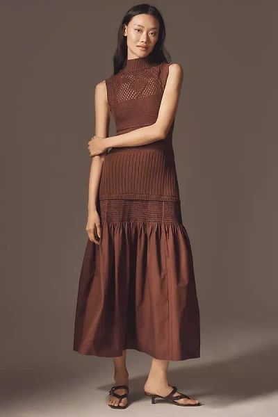 By Anthropologie Sleeveless Mock-neck Drop-waist Sweater Midi Dress In Brown