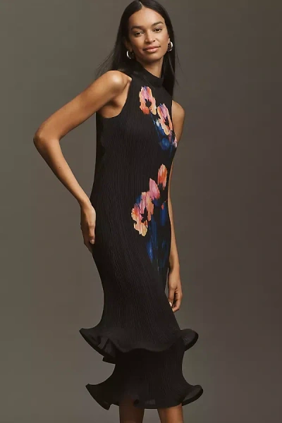 By Anthropologie Sleeveless Mock-neck Plissé Midi Dress In Black
