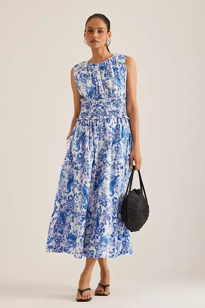 By Anthropologie Sleeveless Poplin Smocked Midi Dress In Multicolor