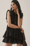 By Anthropologie Sleeveless Ruffle Mini Shirt Dress In Black