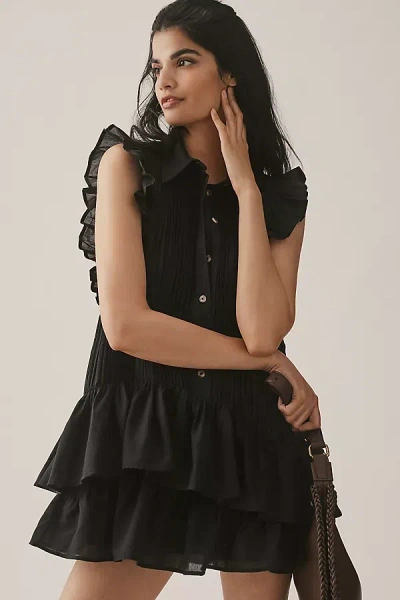 By Anthropologie Sleeveless Ruffle Mini Shirt Dress In Black