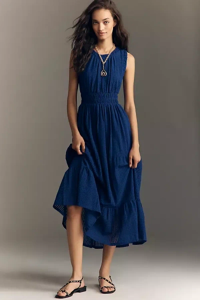 By Anthropologie Sleeveless Smocked Waist A-line Midi Dress In Blue