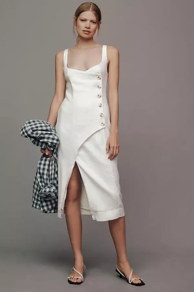 By Anthropologie Sleeveless Square-neck Linen Button Wrap Midi Dress In White