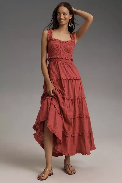By Anthropologie Sleeveless Square-neck Ruffle Tiered Midi Dress In Pink |  ModeSens