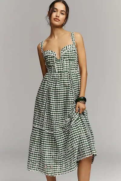 By Anthropologie Sleeveless Sweetheart Gingham Midi Dress In Green