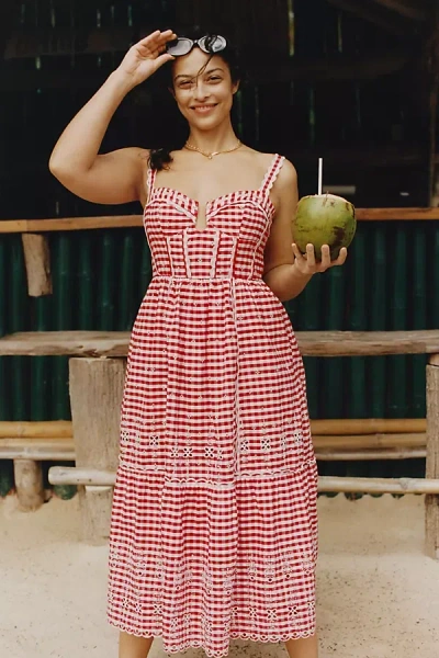 By Anthropologie Sleeveless Sweetheart Gingham Midi Dress In Red