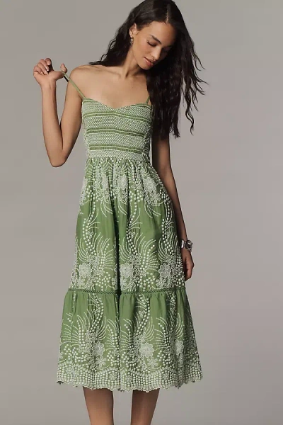 By Anthropologie Sleeveless Sweetheart Tiered Midi Dress In Green