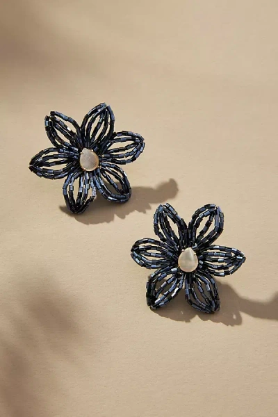 By Anthropologie Small Beaded Floral Post Earrings In Blue