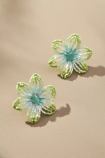 By Anthropologie Small Beaded Floral Post Earrings In Green