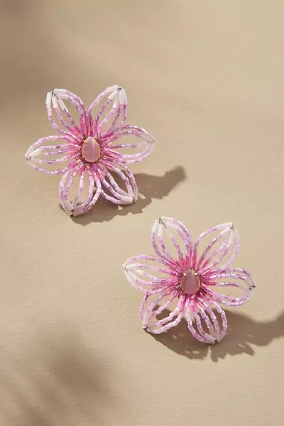 By Anthropologie Small Beaded Floral Post Earrings In Pink