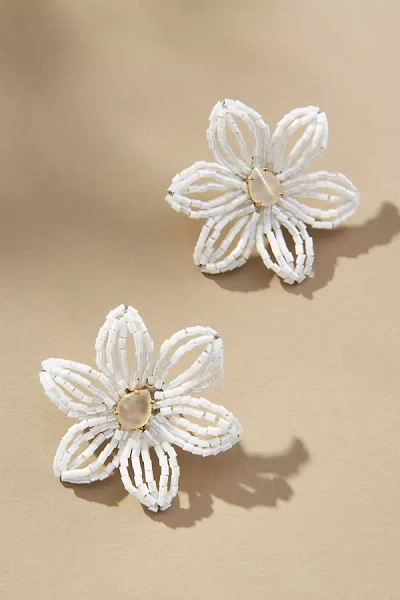By Anthropologie Small Beaded Floral Post Earrings In White