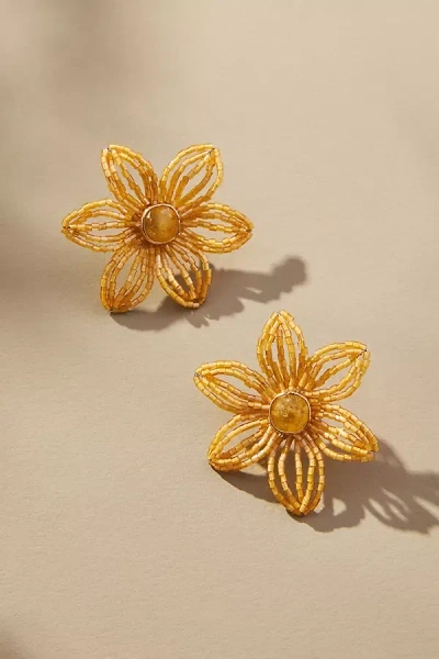 By Anthropologie Small Beaded Floral Post Earrings In Gold