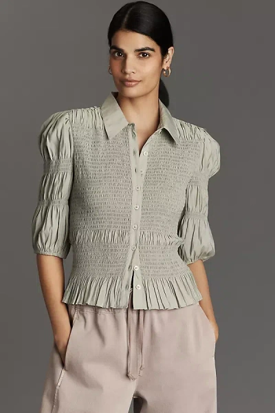 By Anthropologie Smocked Buttondown Top In Green