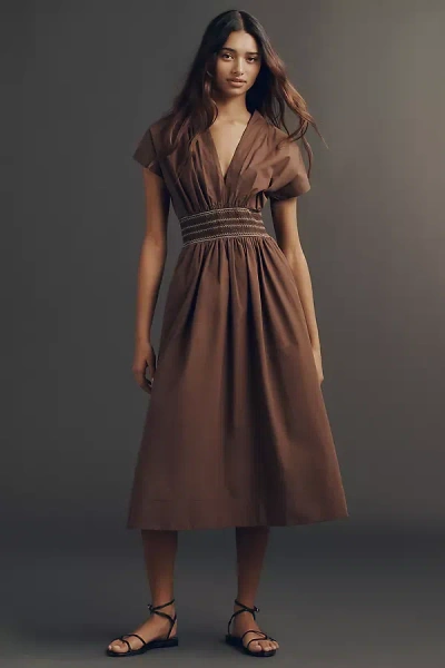 By Anthropologie Smocked Cotton Poplin Midi Dress In Brown
