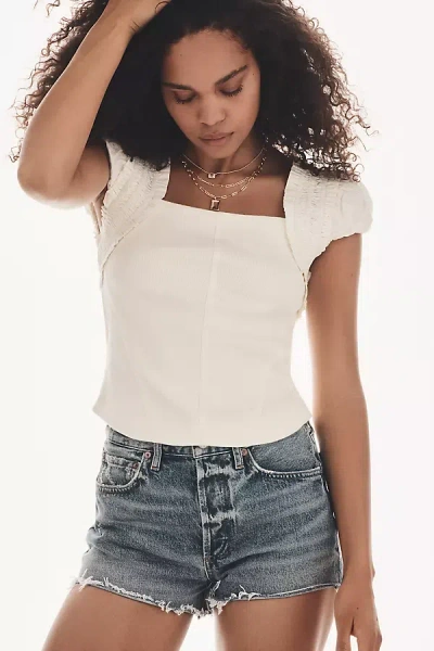 By Anthropologie Smocked Shoulder Top In Beige