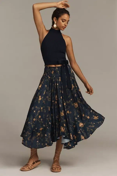 By Anthropologie Smocked-waist Asymmetrical Skirt In Blue