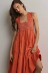 By Anthropologie Square-neck Smocked Tiered Midi Dress In Pink