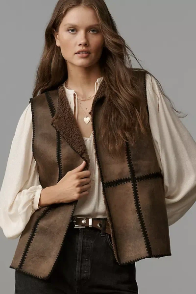 By Anthropologie Stitched Sherpa Fleece Vest Jacket In Brown