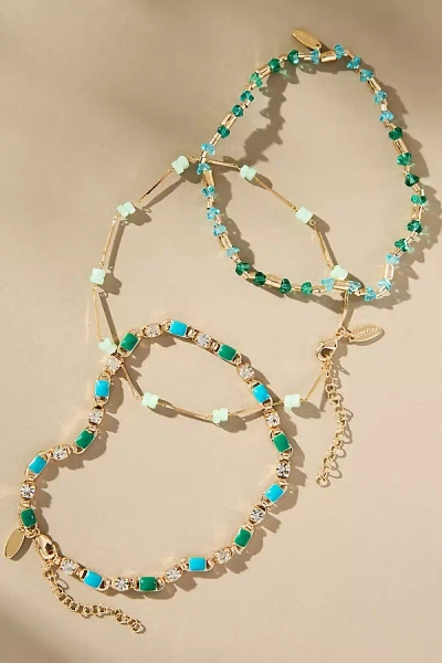By Anthropologie Stone & Crystal Anklets, Set Of 3