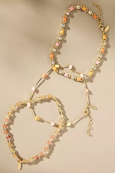 By Anthropologie Stone & Crystal Anklets, Set Of 3