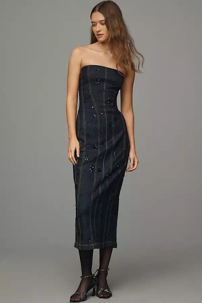 By Anthropologie Strapless Beaded Denim Dress In Blue
