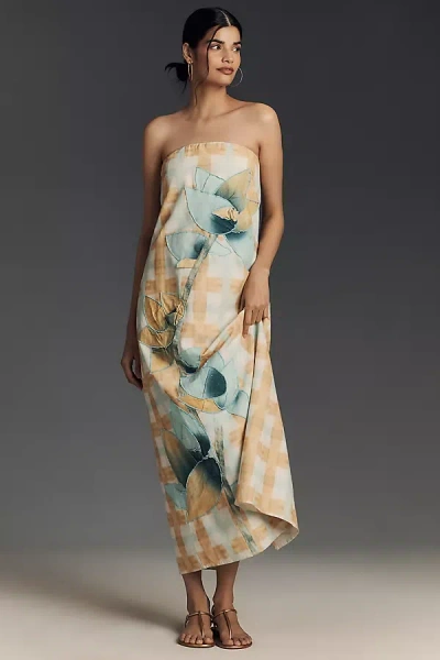 By Anthropologie Strapless Cotton Linen Dress In Blue