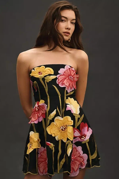 By Anthropologie Strapless Floral Organza Mini Dress In Black