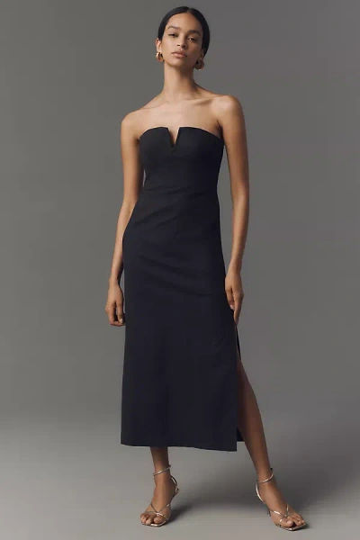 By Anthropologie Strapless Linen Plunge-neck Midi Dress