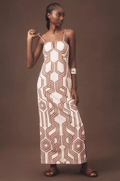 By Anthropologie Strapless Linen Plunge-neck Midi Dress In Neutral