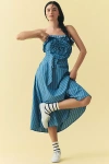 By Anthropologie Strapless Rosette Asymmetrical Drop-waist Midi Dress In Blue