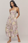 By Anthropologie Strapless Ruched Printed Jumpsuit In Multi