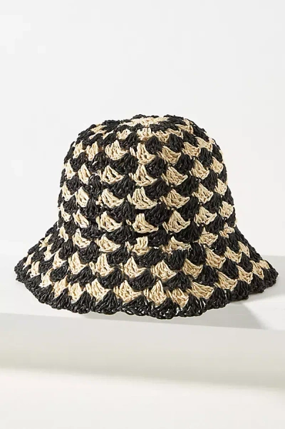 By Anthropologie Straw Checkered Bucket Hat In Black