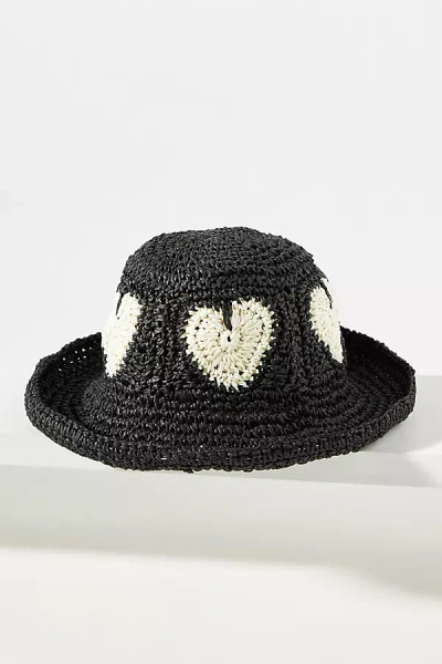 By Anthropologie Straw Heart Bucket Hat In Black