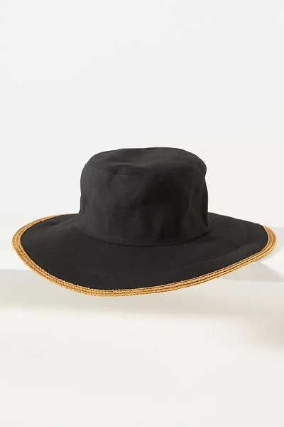 By Anthropologie Straw-trim Canvas Bucket Hat In Black