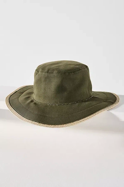 By Anthropologie Straw-trim Canvas Bucket Hat In Green