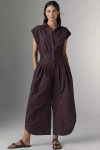 By Anthropologie Striped Shirting Parachute Jumpsuit In Brown