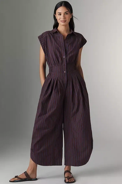 By Anthropologie Striped Shirting Parachute Jumpsuit In Brown